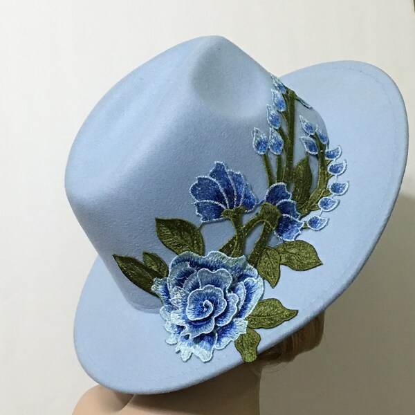 Spring Boho Fedora Hat, Embroidered Fedora, Kentucky Derby Hat, Boho Fedora, Floral Fedora, Sky Blue Fedora, Roses Fedora, Church Hat
