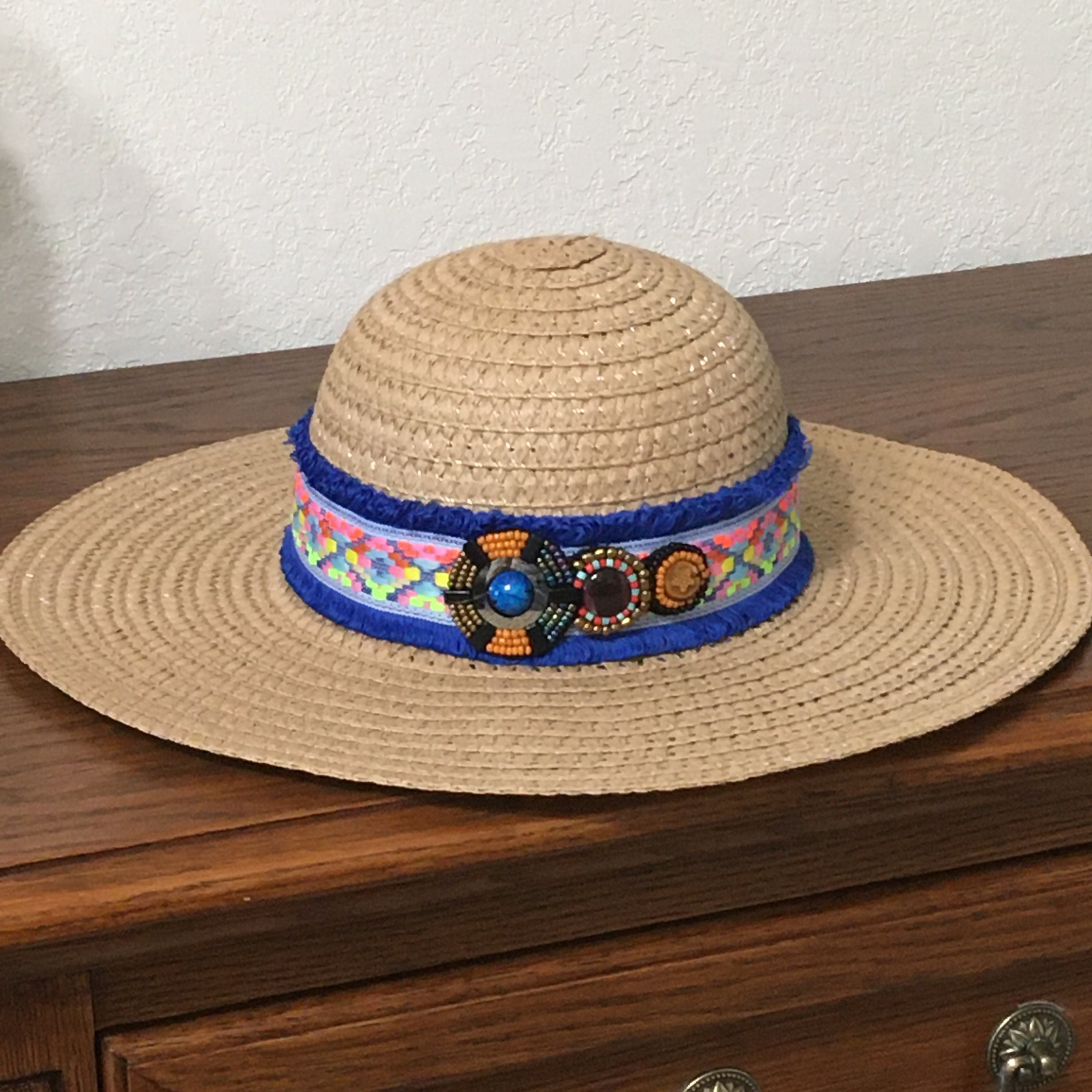 Khaki Straw Wide Brim Hat: Boho Beaded Fringe Sun Hat - Etsy display picture 1