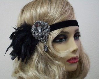 1920s Flapper Headpiece: Rhinestone Feather Headband, Art Deco Hair Accessory