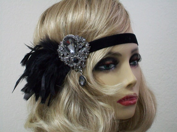 1920s Flapper Headpiece: Rhinestone Feather Headband, Art  display picture 3