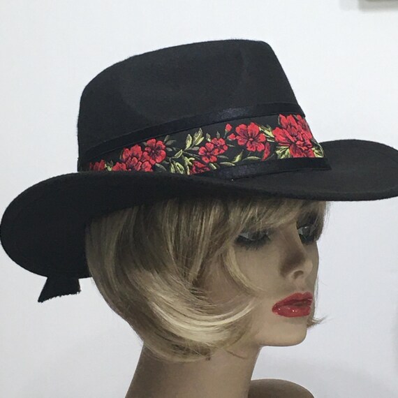 Stylish Black Fedora Hat with Patterned Band Black Fedora Hat, Wide Brim Hat, Extra Wide Band, Wool Felt  main image 2