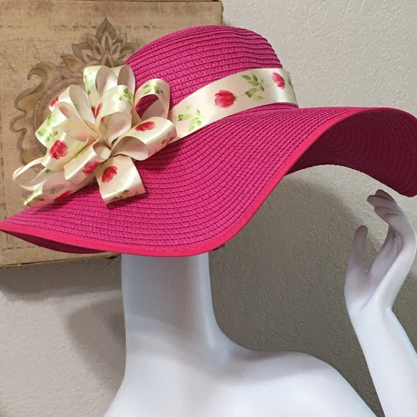 1920s Wide Brim Straw Hat, Fuchsia Kentucky Derby Hat