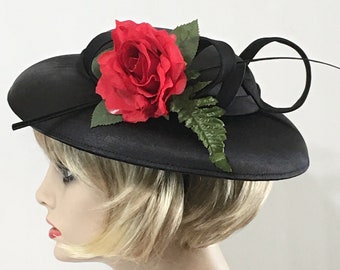 Black Kentucky Derby Saucer Fascinator, Derby Hat, Kentucky Derby Hat, Black Satin Races Fascinator Headband