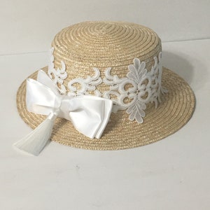 Wedding Boho Boater, White Venice Boater, Boho Boater, Floral Boater, White Boater with Tassel, Races Hat, Church Hat