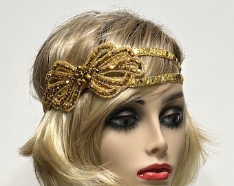 Gold Flapper headband, Gatsby headband, 1920s headpiece, Downton Abbey, 1920s  headband, Bow headpiece, Art Deco, Vintage inspired
