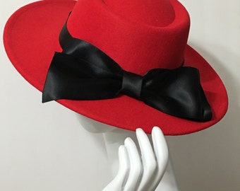 Kentucky Derby Hat, Red Vegan Felt Fedora with Black Bow, Derby Hat, Races Hat, Church Hat