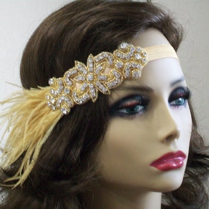 Gold 1920s headpiece, Flapper headband, Gatsby headpiece, Feather headband, Downton Abbey, Rhinestone Art Deco, 1920s hair accessory