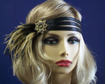 Gatsby headband, 1920s headpiece, Black and Gold 1920s headband, Flapper headband, 1920s hair accessory, Feather headband, Vintage inspired