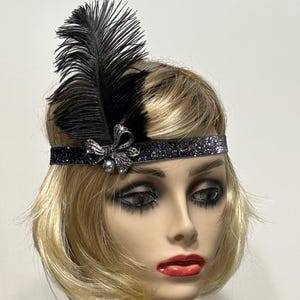 Rhinestone Bow Flapper Headband: 1920s Art Deco Ostrich Feather