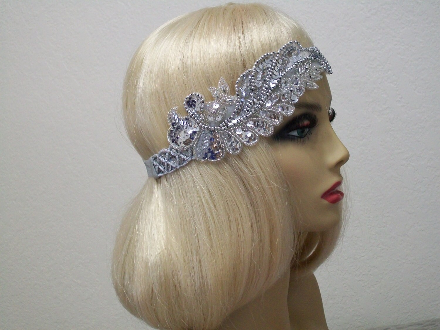 Silver Flapper Headband: Beaded Sequin Art Deco 1920s 