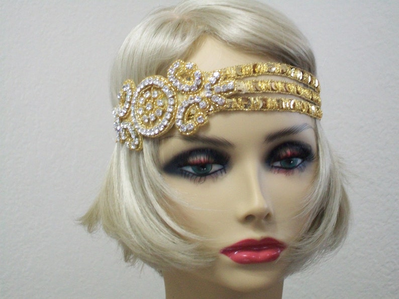 Gold Flapper headband, Gatsby headband, 1920s headpiece, Downton Abbey, 1920s headband, 1920s Hair accessory, Art Deco, Vintage inspired image 2