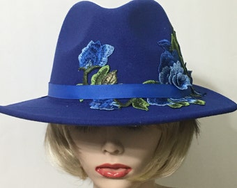 Kentucky Derby Hat, Royal Blue Vegan Felt Fedora with Multi-Blue Embroidered Flowers and Blue imported ribbon.