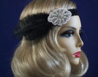 Flapper headband, Great Gatsby headband, 1920s headpiece, Downton Abbey, Feather headband, Beaded Art Deco, Vintage inspired