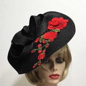 Black Derby Fascinator, Horse Race Hat, Kentucky Derby Hat, Red Rose Church Hat, Tea Party Hat, Wedding Guest Hat