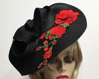 Red Rose Fascinator w Black Loop Accent KY Derby Ready Church Tea Ascot Headwear Black and Red Fascinator With Feathers - Woman Kentucky  main image 3