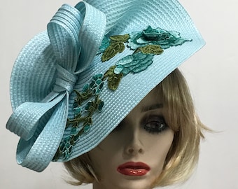 Blue Derby Fascinator, Races Headband, Kentucky Derby Hat, Races Fascinator, Rose Embroidered Fascinator, Preakness Races, Wedding Guest