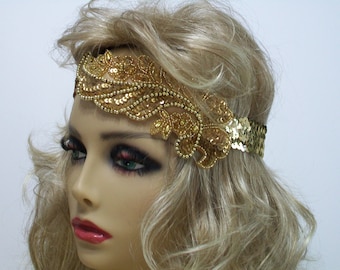 Gold Sequin Flapper Headband: 1920s Gatsby Hair Accessory