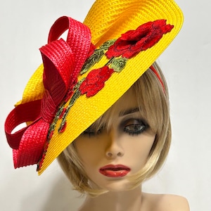 Yellow Derby Fascinator, Horse Race Hat, Kentucky Derby Hat, Races Fascinator, Red Rose Church Hat, Tea Party Hat, Wedding Guest Hat