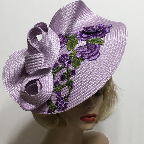 Lavendat Derby Hat with Pink Floral Accents Kentucky Derby Hat Fascinator, Lavender Rose Derby Hat  main image 3