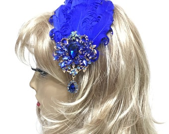 Royal Blue Fascinator, Feather Fascinator, Feather Headpiece, 1950s Style Hair Clip, Vintage Inspired, Womens Hairclip
