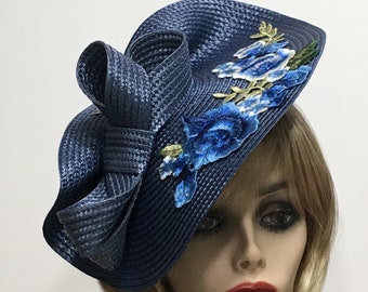 Navy Derby Fascinator, Horse Race Hat, Kentucky Derby Hat, Navy Rose Church Hat, Tea Party Hat, Wedding Guest Hat