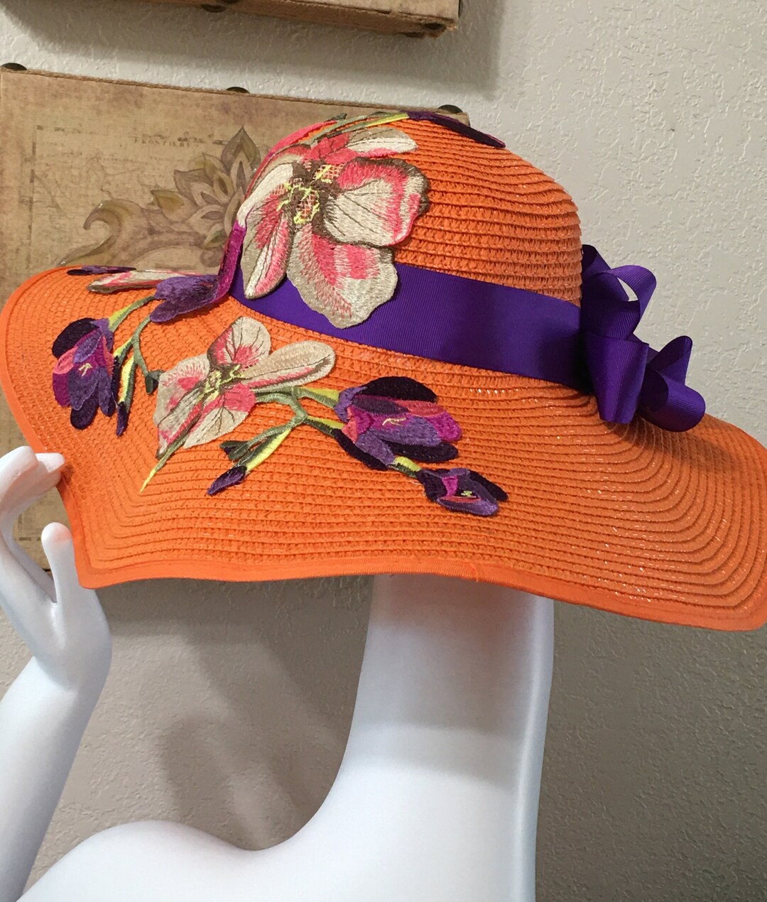 Horse Race Hat, Embroidered Flower Hat, Kentucky Derby Hat, Wide Brim