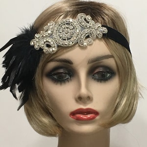 1920s headpiece, Flapper headband, Great Gatsby headpiece, Feather headband, Downton Abbey, Rhinestone Art Deco, 1920s hair accessory