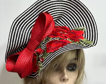 Black and White Derby Fascinator, Horse Race Hat, Kentucky Derby Hat, Races Fascinator, Red Rose Church Hat, Tea Party Hat, Wedding Guest