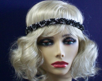 Silver and Black 1920s headband, Flapper headpiece, Gatsby headpiece, Beaded headband, 20s hair accessories, Roaring 20s dress, Jazz Age