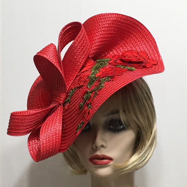 Red Derby Fascinator, Horse Race Hat, Kentucky Derby Hat, Red Rose Church Hat, Tea Party Hat, Wedding Guest Hat, BloomsfromtheHeart