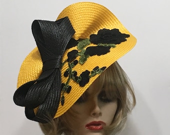 Yellow Derby Fascinator, Horse Race Hat, Kentucky Derby Hat, Races Fascinator, Rose Church Hat, Tea Party Hat, Wedding Guest Hat