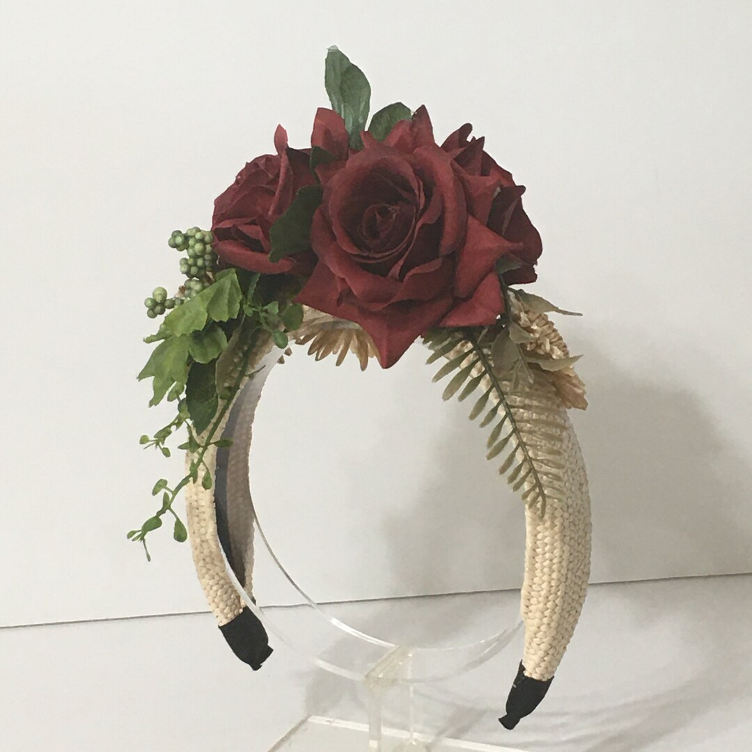 Kentucky Derby Oaks Floral Statement Headband in Pink and Burgundy Elegant Pink Floral Feather Fascinator Headband Statement  main image 2
