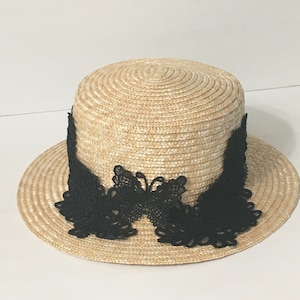 Wedding Boho Boater, Straw Embroidered Boater, Boho Boater, Races Boater, Black Boater with Bow, Races Hat, Church Hat