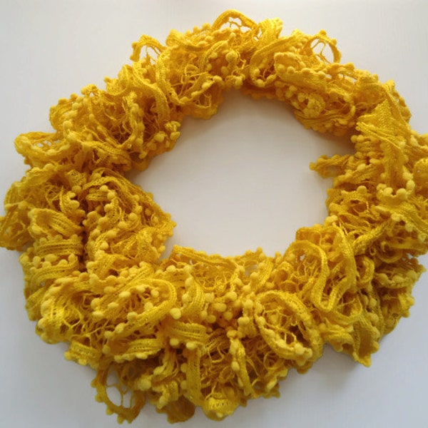 Daffodil yellow knitted ruffle scarf made from acrylic mesh bobble yarn - 'Daffodil days'