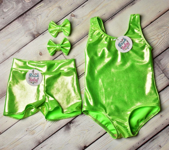 Girls Leotard and Shorts.  Matching Set. Leotard, Shorts, and Piggy Bows