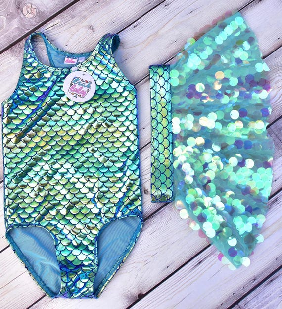 Girls Mermaid Swimsuit.  Optional Sequins Skirt or Shorts Add on Available