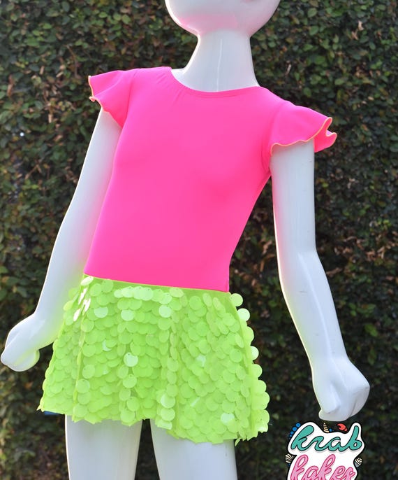 Girls Swimsuit Sequins.  Neon swimsuit. Unicorn Mermaid Party.