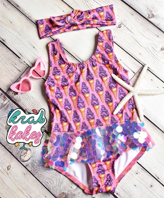 Girls Mermaid Swimsuit. Pink Ice Cream swimwear. Sequins