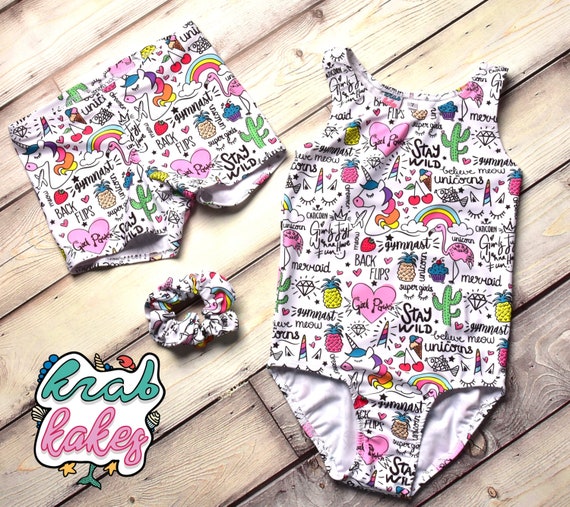 Girl Leotard Set.  Unicorn Gymnastics Leotard Set or Separate .  Leo, Shorts, and Scrunchie