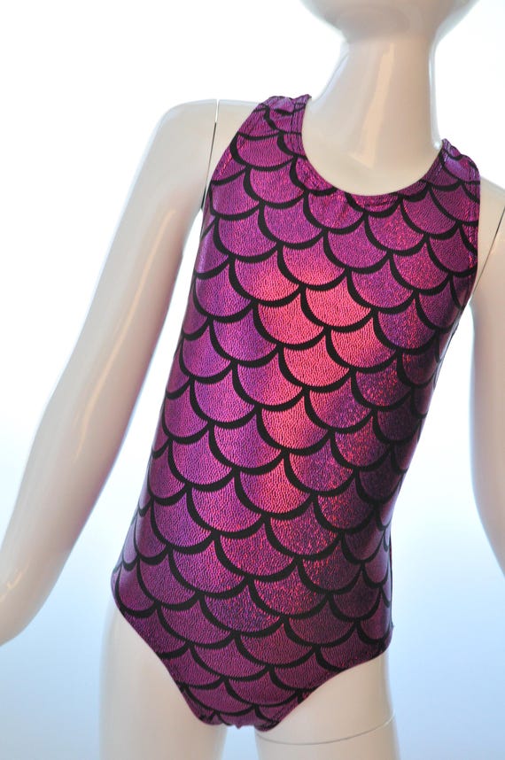 Girls Purple Mermaid Swimsuit / Leotard.  Girls Activewear Metallic Swimwear