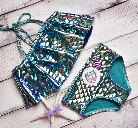 Girls Metallic Mermaid scales Two Piece Bikini.  Metallic Flounce Top and Classic Bikini Bottoms. Swimsuit Swim Party