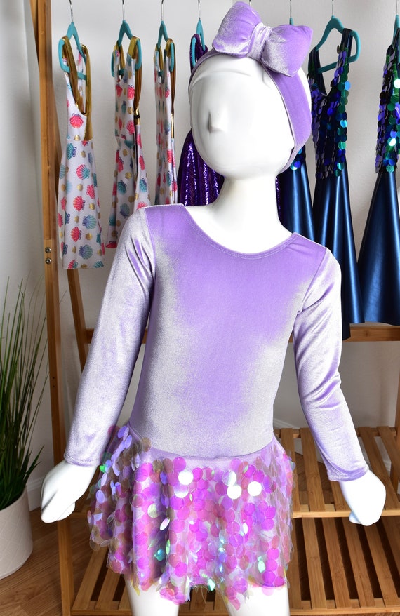 Girls Unicorn Party Mini Dress & Bow Headband.  Spring Velour leotard with an Attached Sequined Skirt.