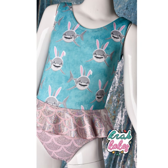 Girls Shark Swimsuit. Spring swimsuit. Sparkle Swimsuit. Shark week