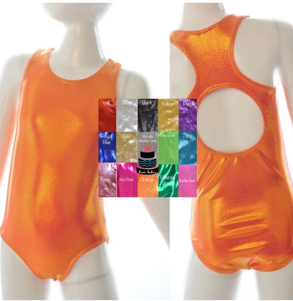 Girls Metallic Leotard Swimsuit. Metallic Racer Back Bathing Suit, With Open Back. One Piece Swimsuit, Gymnastics, Dance and Swimwear