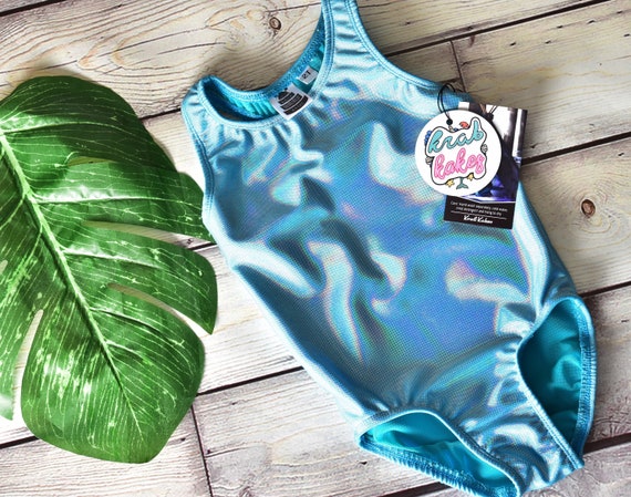 Sale!  Girls Blue Metallic Swimsuit. Metallic Racer Back Bathing Suit, With Open Back. One Piece Swimsuit, Gymnastics, Dance and Swimwear.