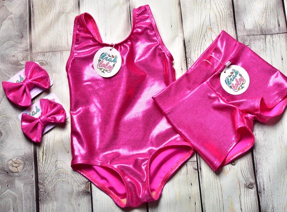 Girls Leotard and Shorts.  Matching Set. Leotard, Shorts, and Piggy Bows