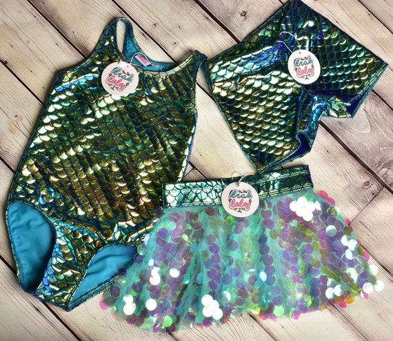 Girls Mermaid Swimsuit.  Optional Sequins Skirt or Shorts Add on Available