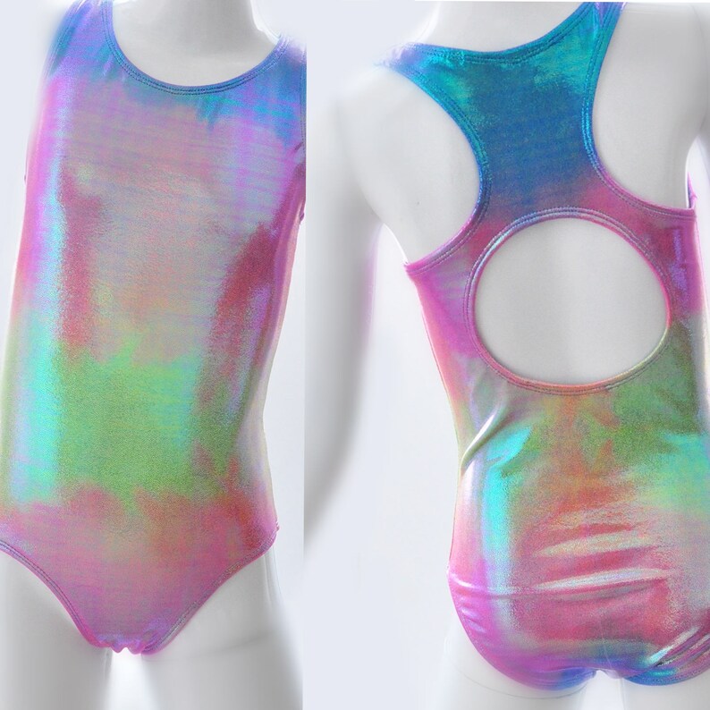 Dance and Swimwear Gymnastics Girls Metallic Rainbow Swimsuit Unicorn Racer Open Back One Piece Swimsuit