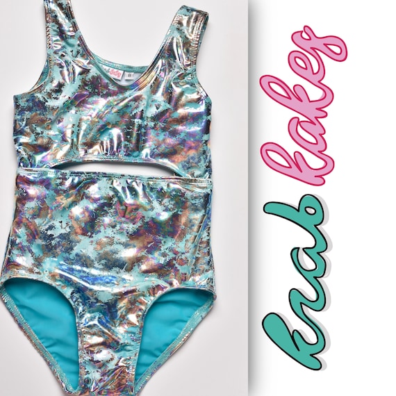 Girls Metallic Leotard. Mermaid One Piece Cut Out Swimsuit, Dance Leotard. Distressed Unicorn Pattern.