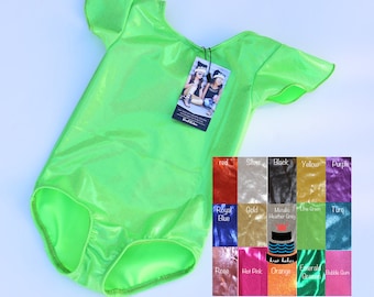 May include: A bright green leotard with short sleeves and a scoop neck. The leotard is made of a shiny, sparkly fabric. The leotard is shown on a white background with a color chart of different fabrics.